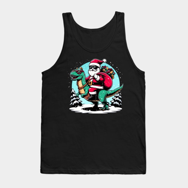 Funny Santa riding a Dinosaur with a bag of presents Tank Top by Origami Fashion